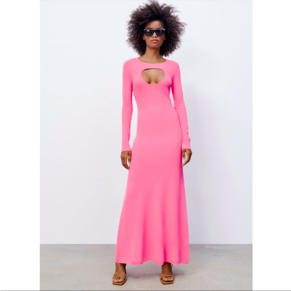 New Zara Cutout Ribbed Maxi Dress in Pink Size M
